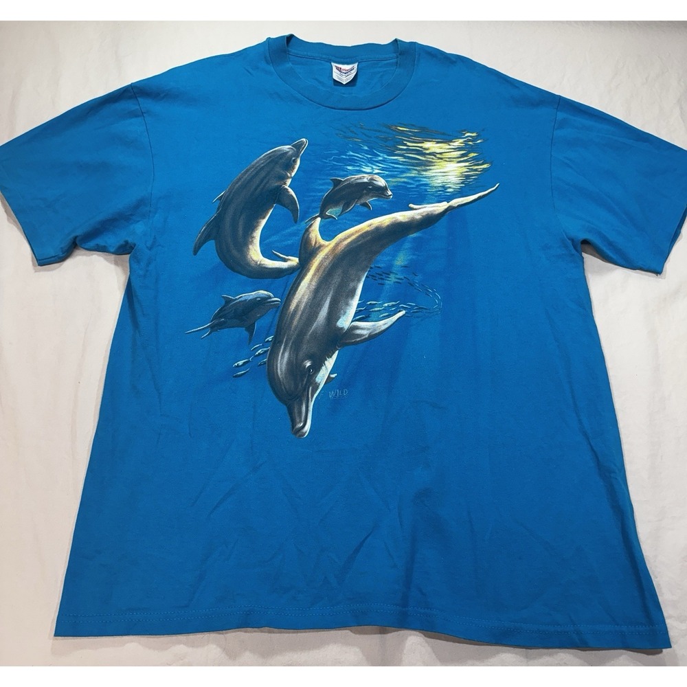 Vintage 90s Dolphin Print Wild Wear XL T Shirt Wildlife Dead Stock Hanes Heavy